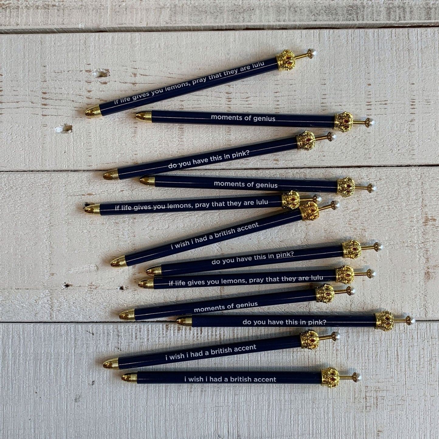 Moments of Genius Navy Blue Crown Pen Set of 12 | Giftable Quote Pens | Novelty Office Desk Supplies by The Bullish Store