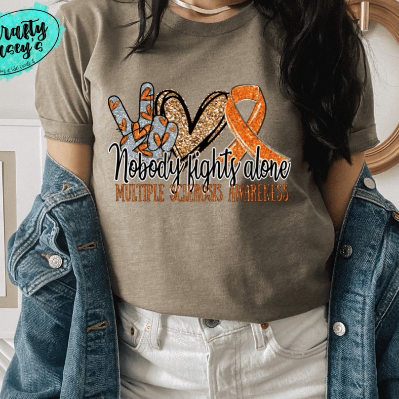 Multiple Sclerosis Awareness Nobody Fights Alone- Ribbon-Unisex T-shirts by Crafty Casey's