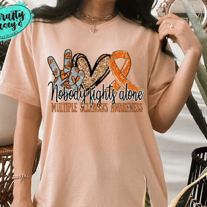 Multiple Sclerosis Awareness Nobody Fights Alone- Ribbon-Unisex T-shirts by Crafty Casey's