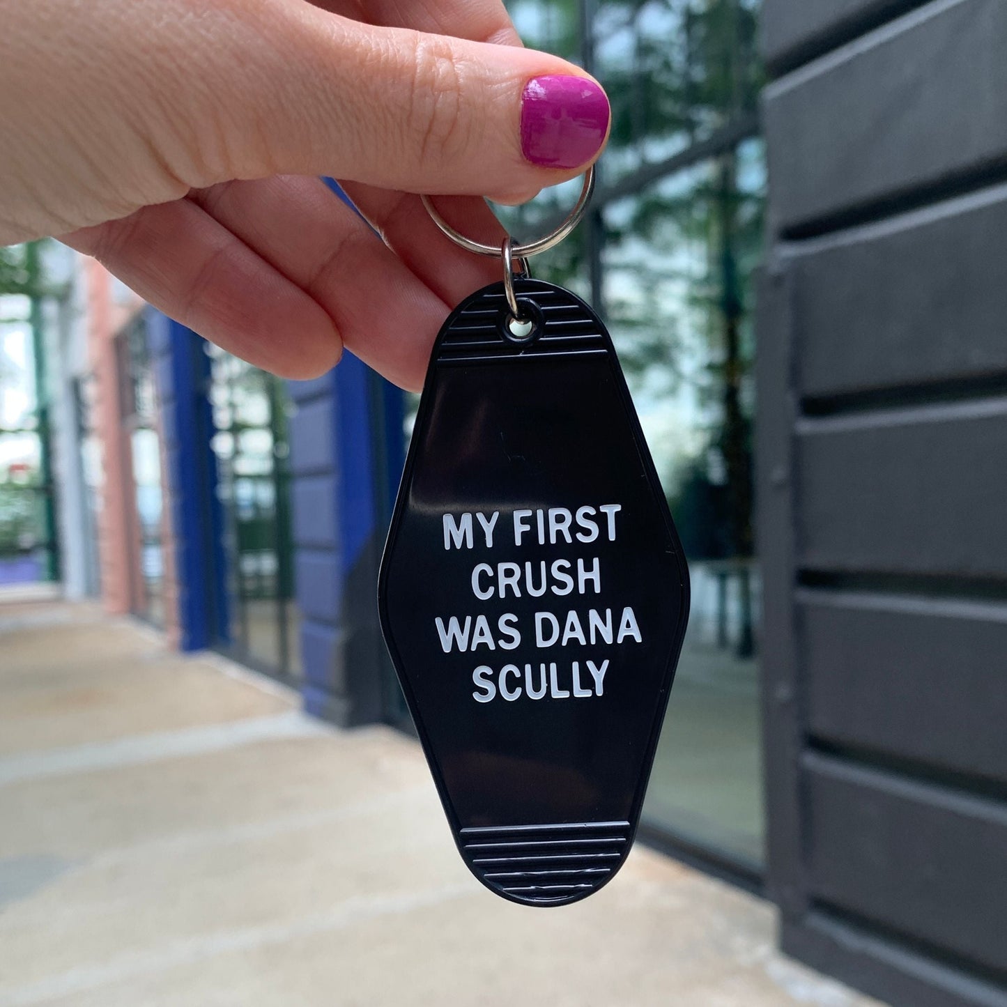 My First Crush Was Dana Scully Motel Style Keychain in Black by The Bullish Store