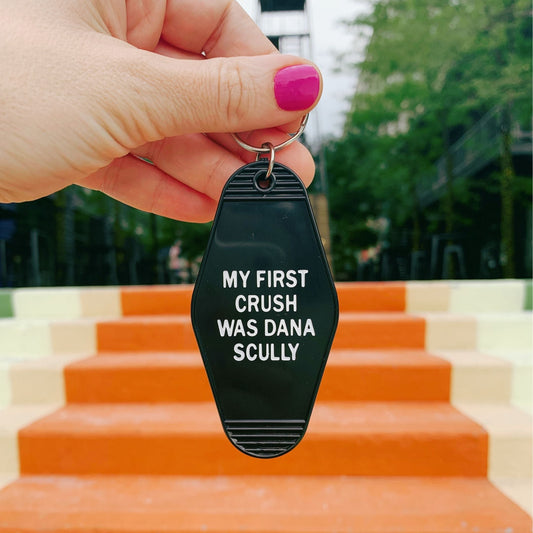 My First Crush Was Dana Scully Motel Style Keychain in Black by The Bullish Store