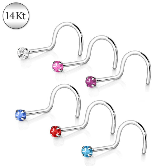 14Kt White Gold Screw Nose Ring with Prong Setting Gem by Fashion Hut Jewelry