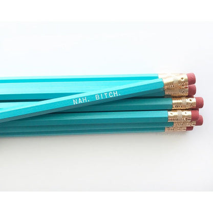 Nah, Bitch Wooden Pencil Set in Turquoise Blue | Set of 5 Funny Sweary Profanity Pencils by The Bullish Store