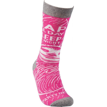 Nap All Day, Sleep All Night, Party Never Sloth Pink Funny Novelty Socks by The Bullish Store