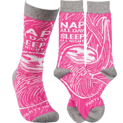 Nap All Day, Sleep All Night, Party Never Sloth Pink Funny Novelty Socks by The Bullish Store