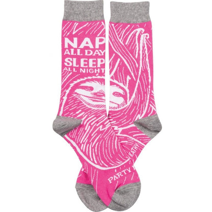 Nap All Day, Sleep All Night, Party Never Sloth Pink Funny Novelty Socks by The Bullish Store