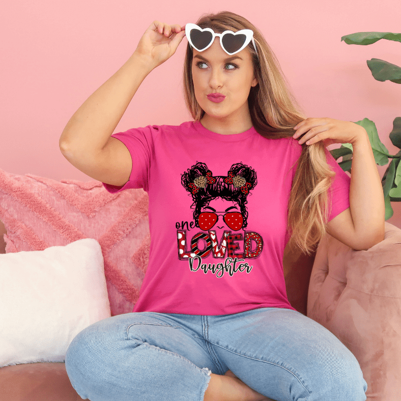 One Loved Daughter Messy Bun Valentine Tee by Crafty Casey's