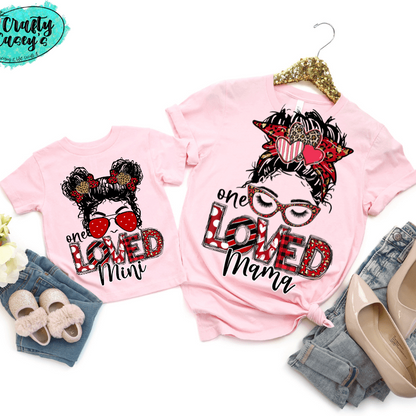 One Loved Mama & Mini Messy Bun Valentine Tee by Crafty Casey's