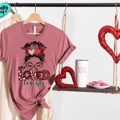 One Loved Teacher Messy Bunn Valentines - Women's  Unisex- t-shirt by Crafty Casey's