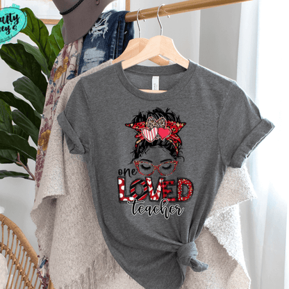 One Loved Teacher Messy Bunn Valentines - Women's  Unisex- t-shirt by Crafty Casey's