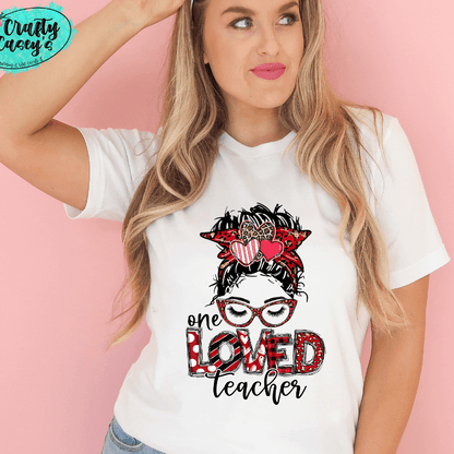 One Loved Teacher Messy Bunn Valentines - Women's  Unisex- t-shirt by Crafty Casey's