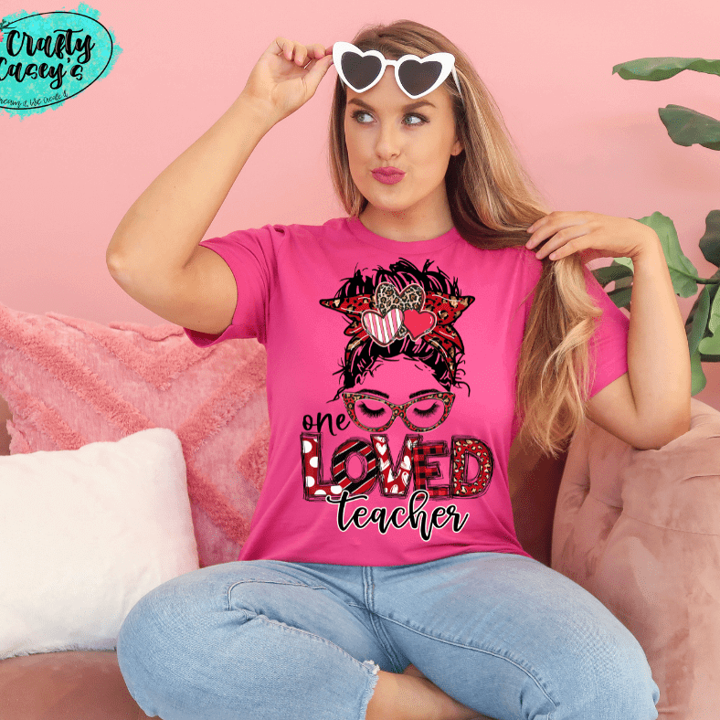 One Loved Teacher Messy Bunn Valentines - Women's  Unisex- t-shirt by Crafty Casey's