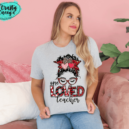 One Loved Teacher Messy Bunn Valentines - Women's  Unisex- t-shirt by Crafty Casey's