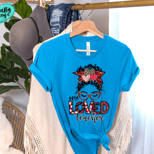 One Loved Teacher Messy Bunn Valentines - Women's  Unisex- t-shirt by Crafty Casey's