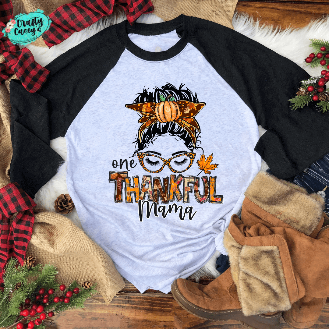 One Thankful Mama Mom Bun - Unisex  Raglan by Crafty Casey's