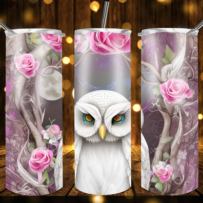 Owl With Pink Rosed Drink Tumbler by Crafty Casey's