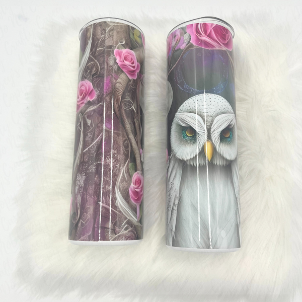 Owl With Pink Rosed Drink Tumbler by Crafty Casey's