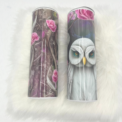 Owl With Pink Rosed Drink Tumbler by Crafty Casey's