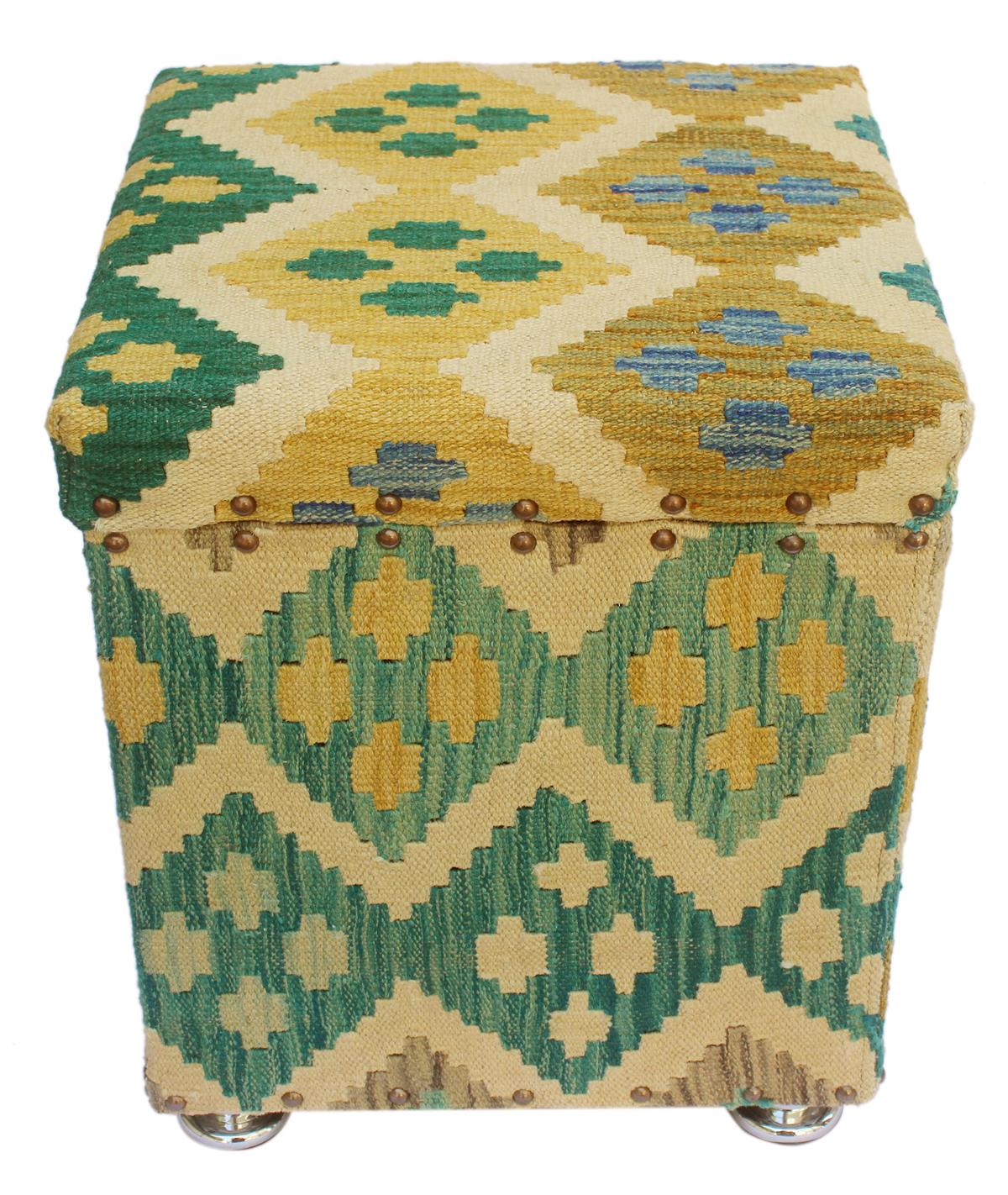 Rustic Cristie Handmade Kilim Upholstered Ottoman by Bareens Designer Rugs