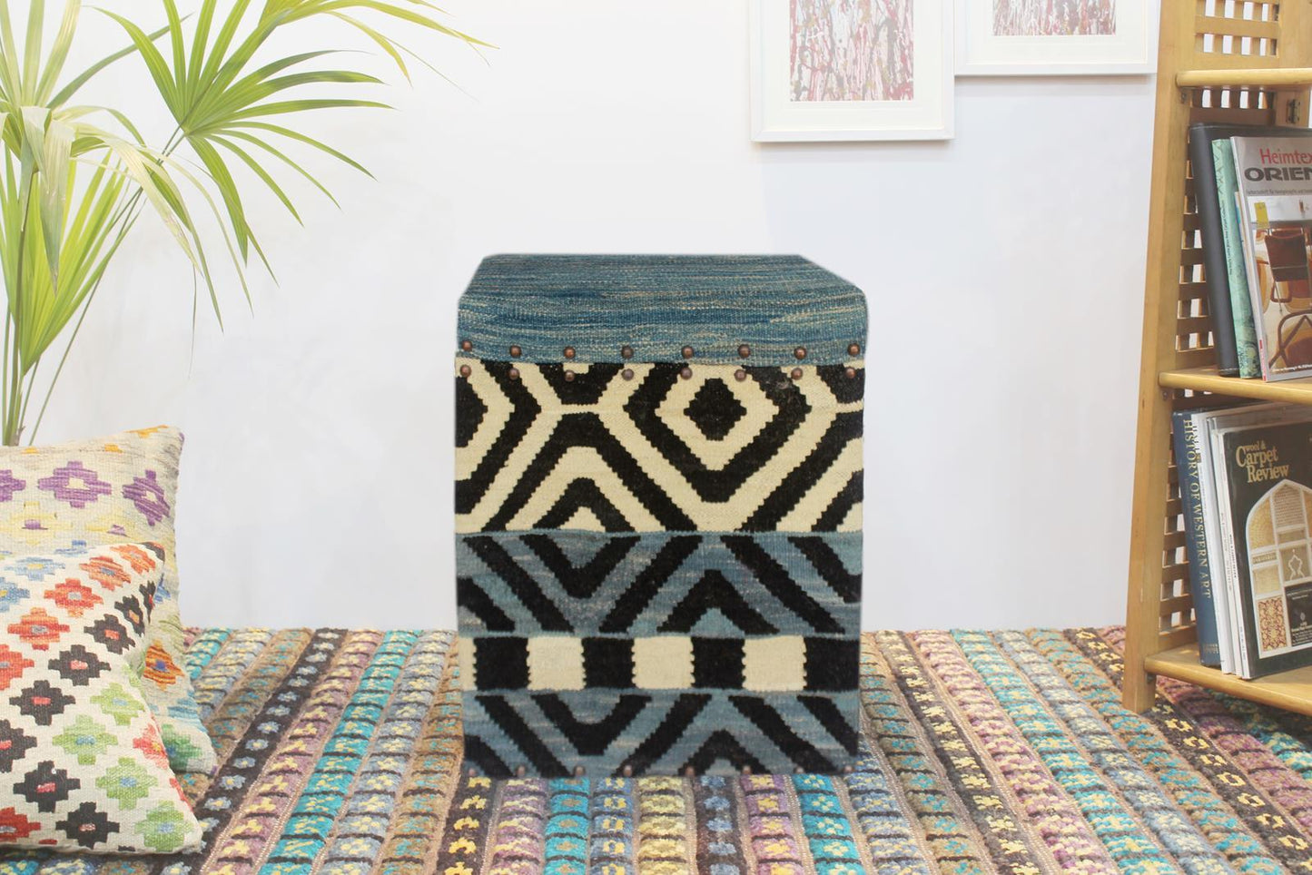 Rustic Delora Handmade Kilim Upholstered Ottoman by Bareens Designer Rugs