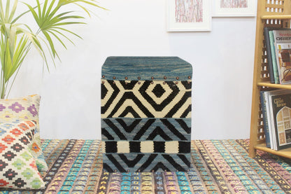 Rustic Delora Handmade Kilim Upholstered Ottoman by Bareens Designer Rugs