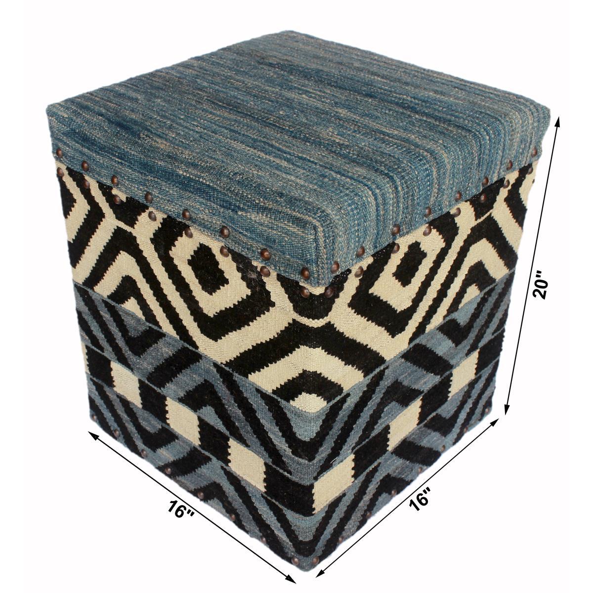 Rustic Delora Handmade Kilim Upholstered Ottoman by Bareens Designer Rugs