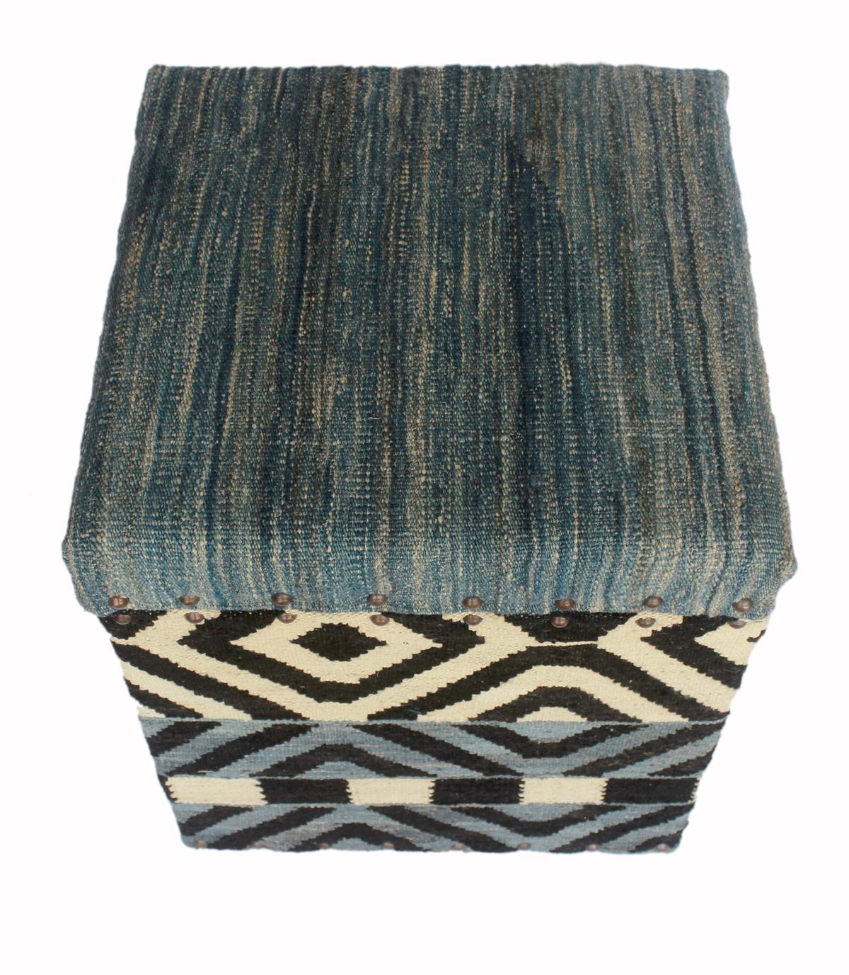 Rustic Delora Handmade Kilim Upholstered Ottoman by Bareens Designer Rugs