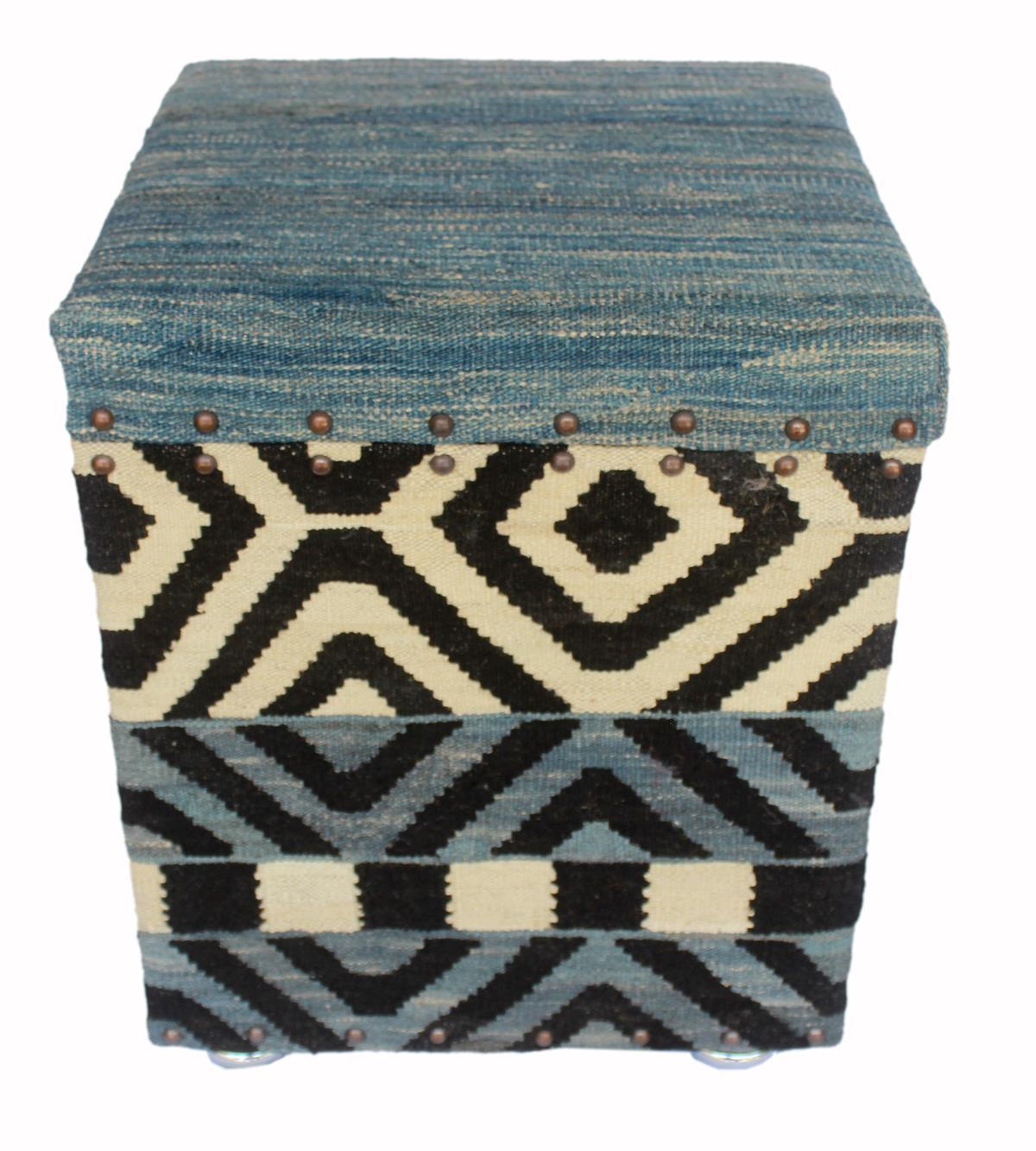 Rustic Delora Handmade Kilim Upholstered Ottoman by Bareens Designer Rugs