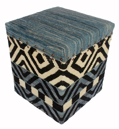 Rustic Delora Handmade Kilim Upholstered Ottoman by Bareens Designer Rugs