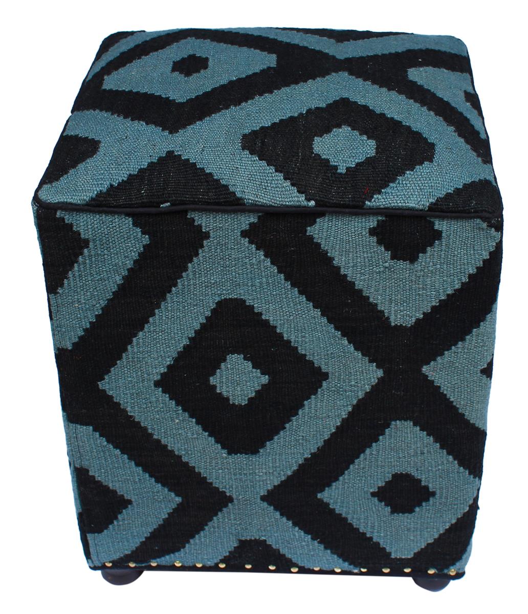 Tribal Schwartz Handmade Kilim Upholstered Ottoman by Bareens Designer Rugs