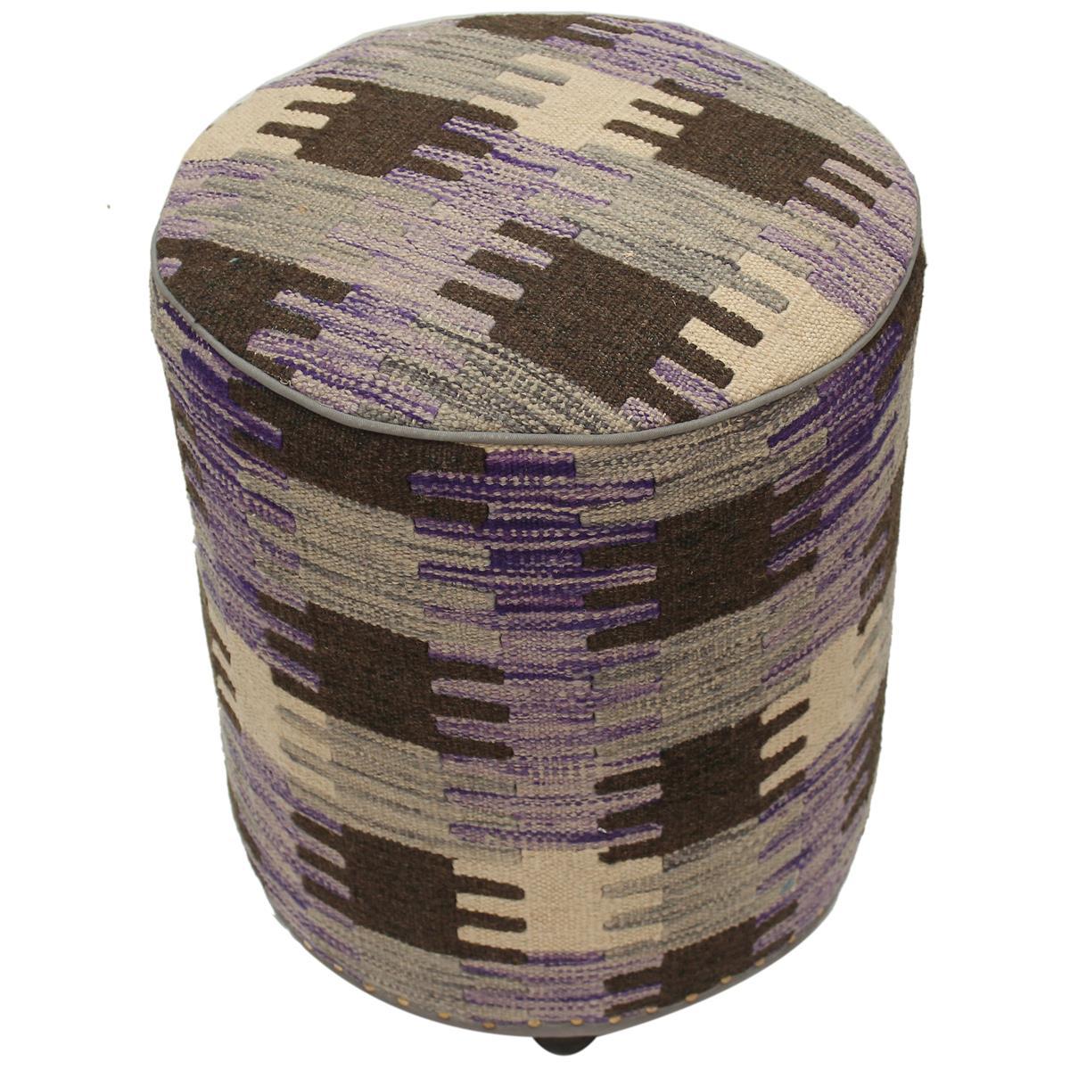 Tereasa Purple/Brown Kilim Upholstered Handmade Ottoman 15" x 15" x 20" by Bareens Designer Rugs