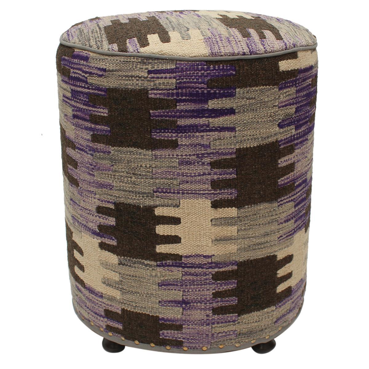 Tereasa Purple/Brown Kilim Upholstered Handmade Ottoman 15" x 15" x 20" by Bareens Designer Rugs