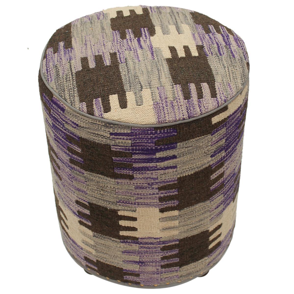 Tereasa Purple/Brown Kilim Upholstered Handmade Ottoman 15" x 15" x 20" by Bareens Designer Rugs