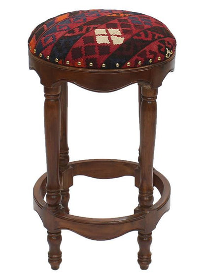 Vintage Kilim Wood Bar Stool Wallace Red/Blue - 18" x 18" x 31" by Bareens Designer Rugs