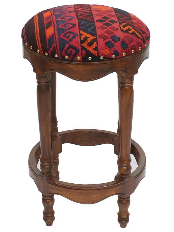 Vintage Kilim Wood Bar Stool Ivan Red/Blue - 18" x 18" x 32" by Bareens Designer Rugs