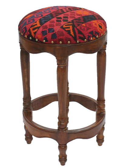 Vintage Kilim Wood Bar Stool Ivan Red/Blue - 18" x 18" x 32" by Bareens Designer Rugs