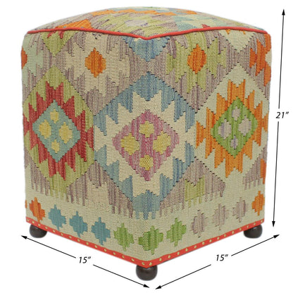 Retro Darion Handmade Kilim Upholstered Ottoman by Bareens Designer Rugs