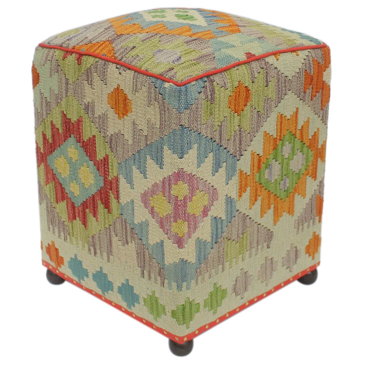 Retro Darion Handmade Kilim Upholstered Ottoman by Bareens Designer Rugs