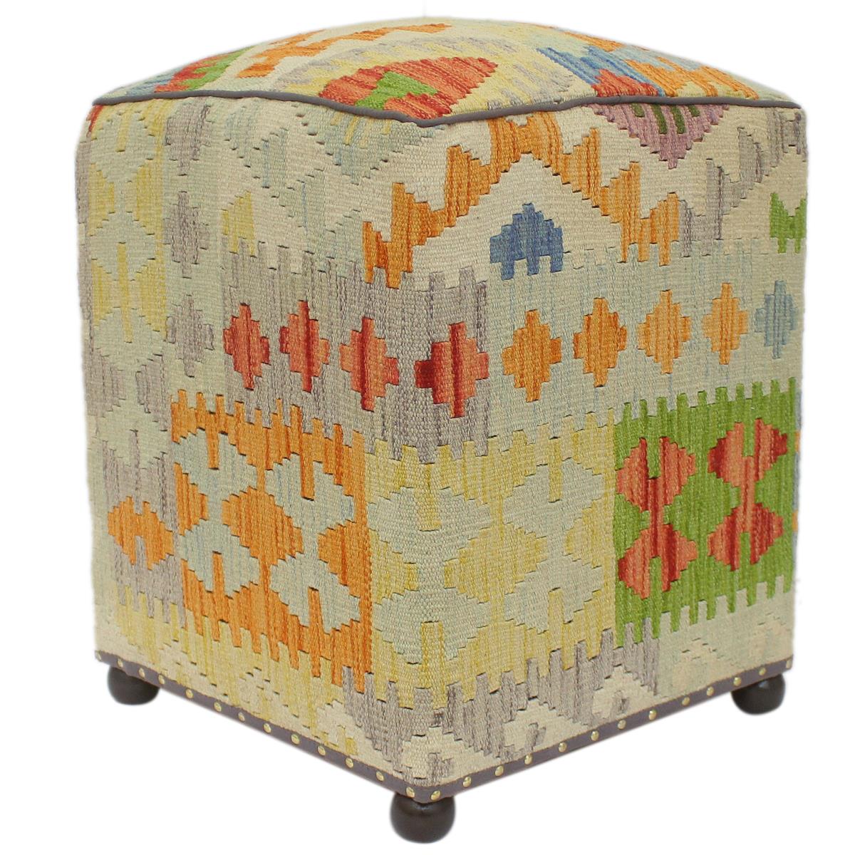 Tribal T Handmade Kilim Upholstered Ottoman by Bareens Designer Rugs