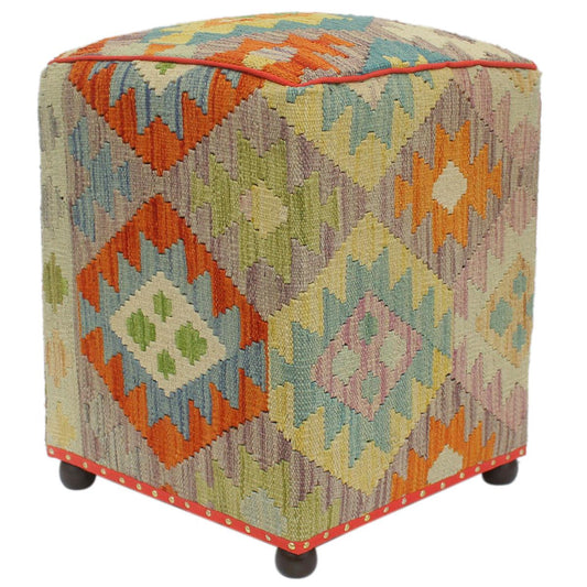 Rustic Amiah Handmade Kilim Upholstered Ottoman by Bareens Designer Rugs