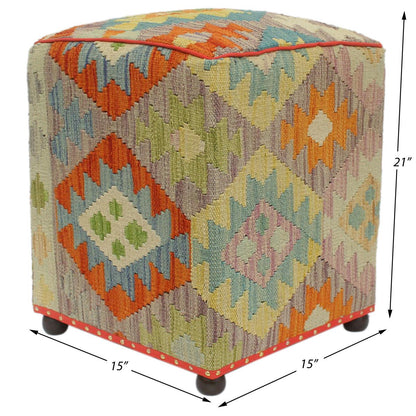 Rustic Amiah Handmade Kilim Upholstered Ottoman by Bareens Designer Rugs