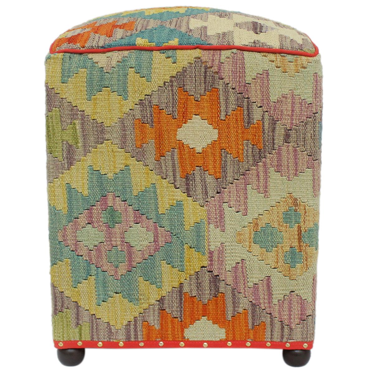 Rustic Amiah Handmade Kilim Upholstered Ottoman by Bareens Designer Rugs