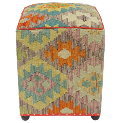 Rustic Amiah Handmade Kilim Upholstered Ottoman by Bareens Designer Rugs