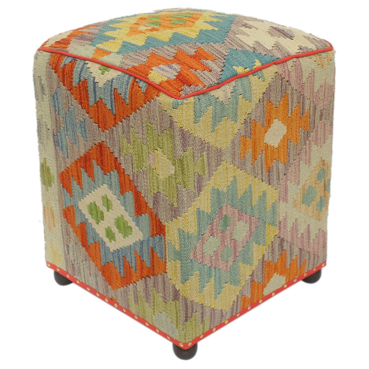 Rustic Amiah Handmade Kilim Upholstered Ottoman by Bareens Designer Rugs