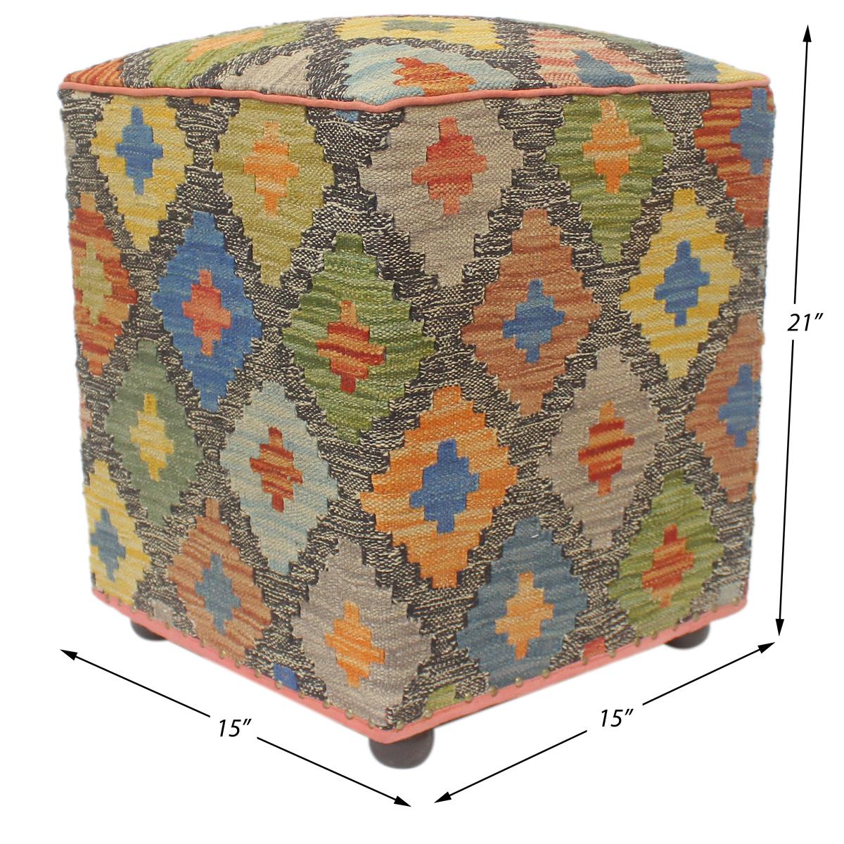 Retro Judah Handmade Kilim Upholstered Ottoman by Bareens Designer Rugs