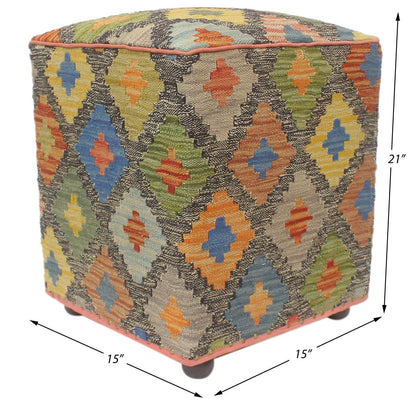 Retro Judah Handmade Kilim Upholstered Ottoman by Bareens Designer Rugs