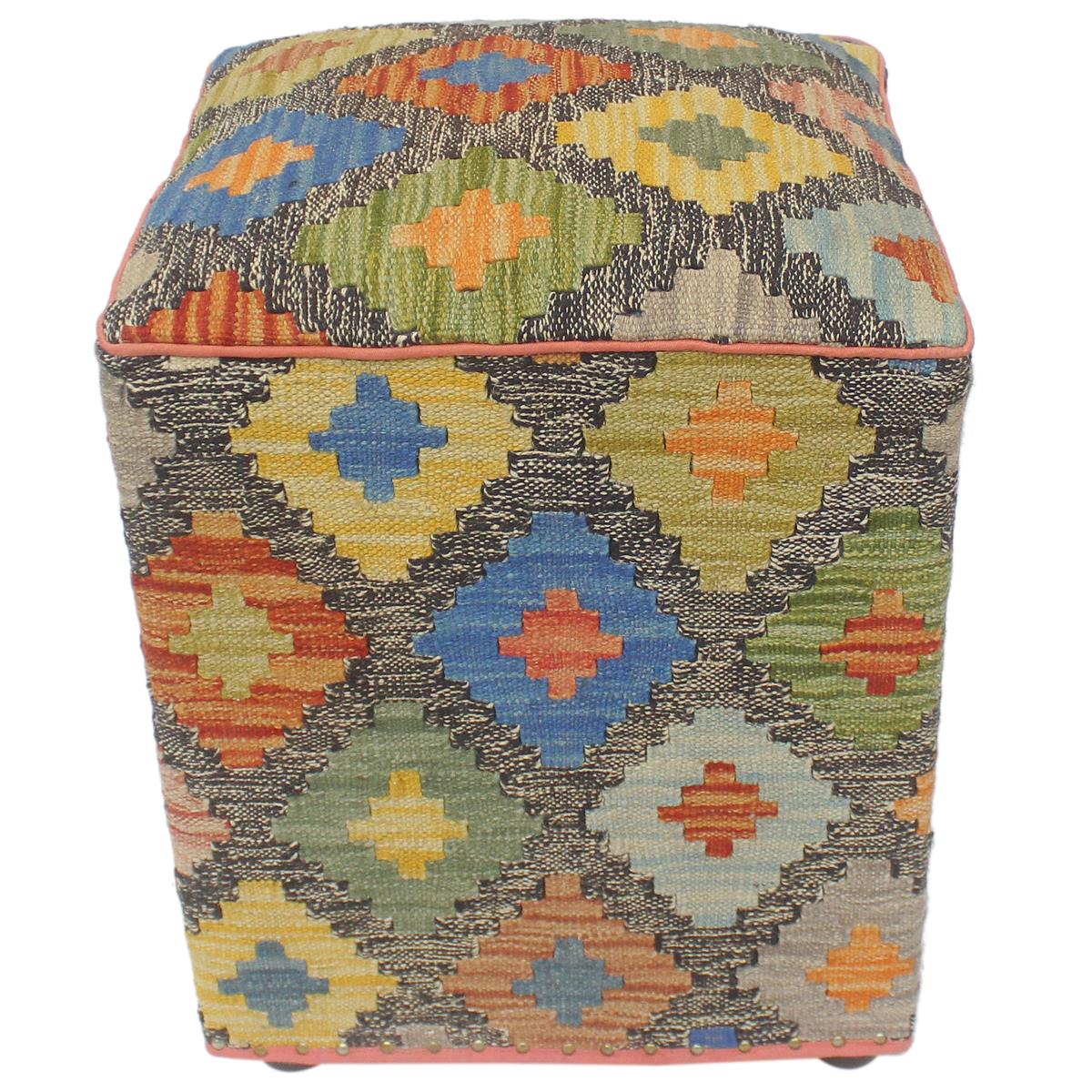 Retro Judah Handmade Kilim Upholstered Ottoman by Bareens Designer Rugs