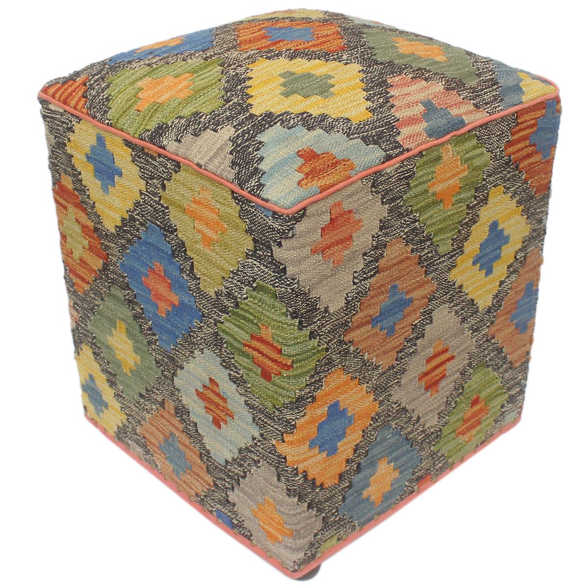 Retro Judah Handmade Kilim Upholstered Ottoman by Bareens Designer Rugs