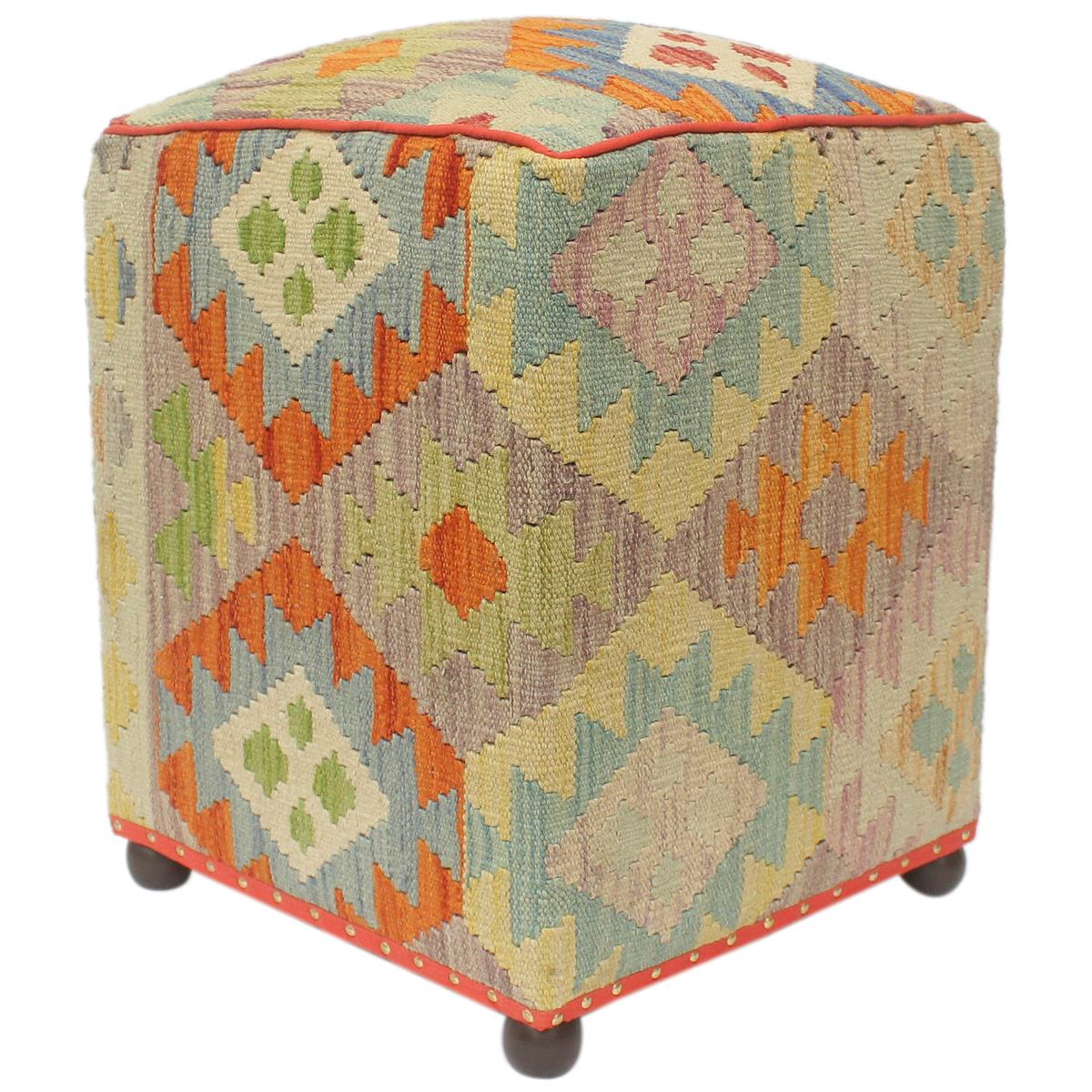 Rustic Macey Handmade Kilim Upholstered Ottoman by Bareens Designer Rugs