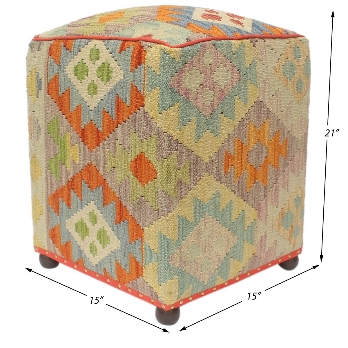 Rustic Macey Handmade Kilim Upholstered Ottoman by Bareens Designer Rugs